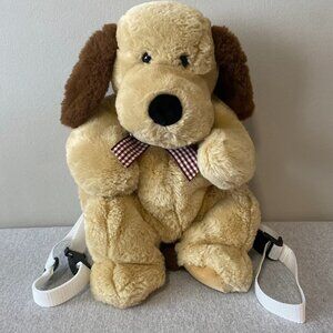 Cute Brown Tan Burgundy White Gingham Bow Puppy Dog Plush Backpack 18"